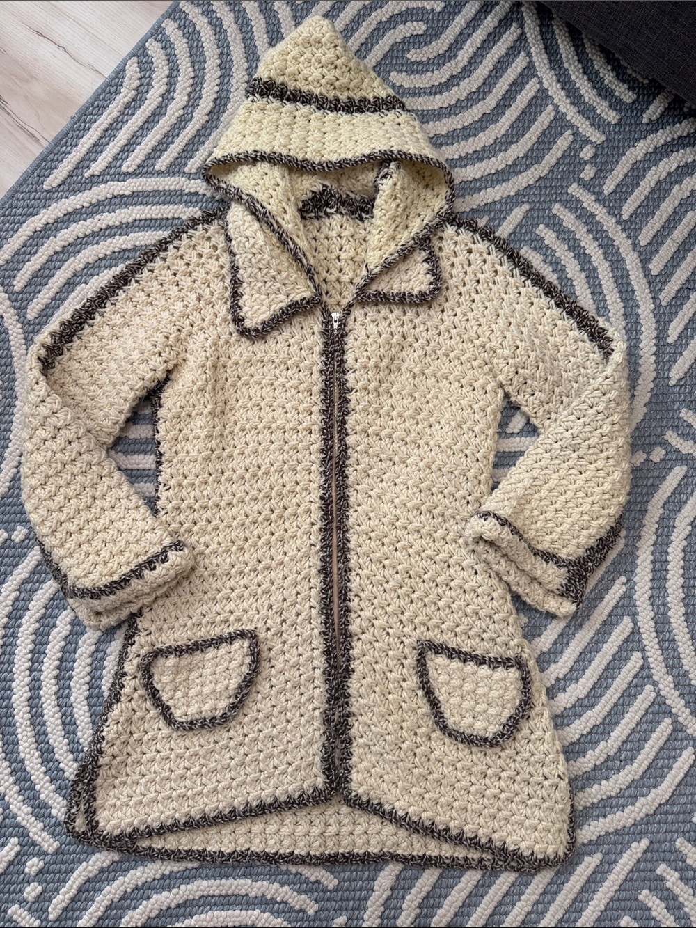 Vintage Handmade Crochet Hooded Longline Cardigan Sweater Cream Brown Boho - Picture 1 of 6